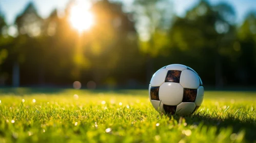 Soccer Ball on Green Field with Forest Background