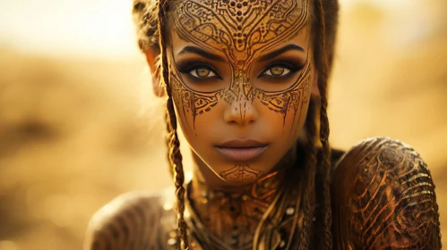 African Descent Woman with Golden Face Paint and Headdress