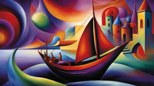 Colorful Harbor Scene Painting - Cityscape and Boat