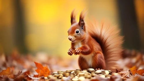 Curious Red Squirrel on Gold Coins - Enchanting Wildlife Encounter