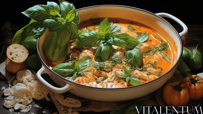 Delicious Creamy Chicken and Vegetable Soup with Fresh Basil AI Image