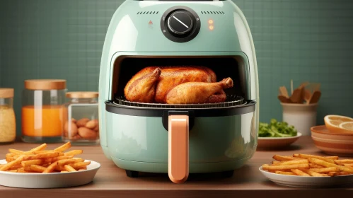 Delicious Roasted Chicken and French Fries in Green Air Fryer