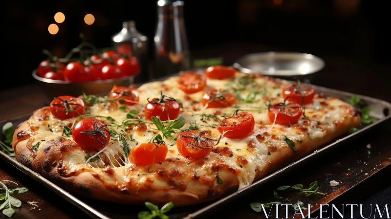 AI ART Delicious Thin Crust Pizza with Cherry Tomatoes and Cheese