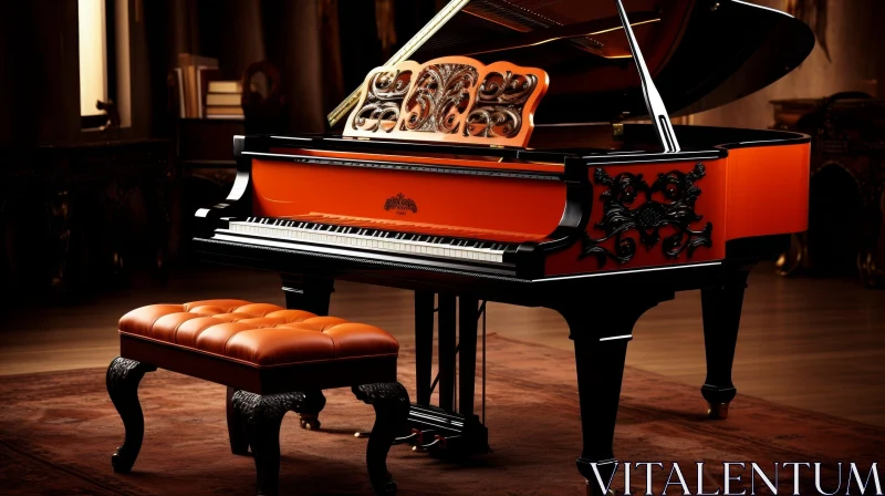 Elegant Black and Red Grand Piano in Dark Room AI Image