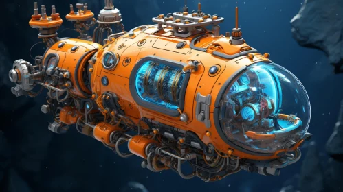 Futuristic Orange Submarine in Deep Ocean Trench