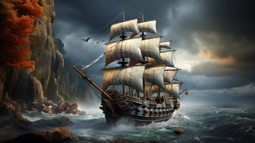 Pirate Ship Sailing on Stormy Sea - Digital Painting