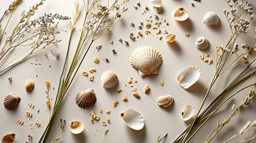 Seashells and Dried Plants Flat Lay on Beige Background