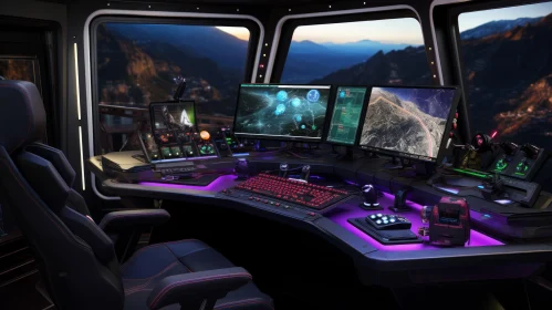 Spaceship Cockpit View Over Snowy Mountains