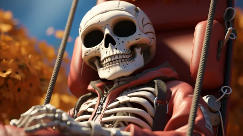 Surreal Skeleton in Red Chair 3D Rendering