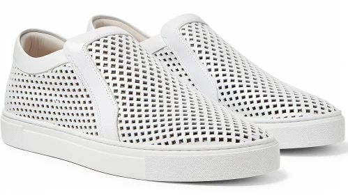 White Leather Slip-On Sneakers with Perforated Diamond Pattern