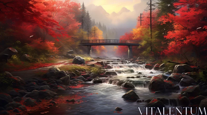 Autumn Forest Landscape: Tranquil Scene with River and Bridge AI Image