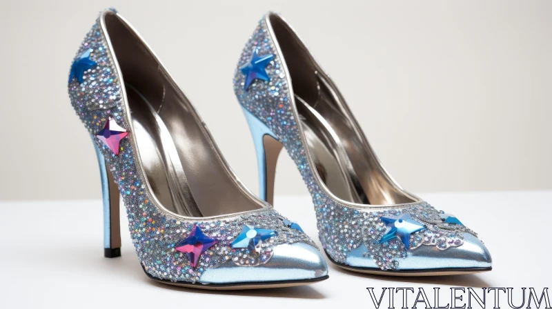 AI ART Blue Sparkly High Heels with Star-Shaped Embellishments
