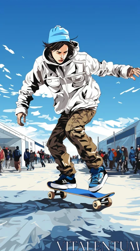 AI ART City Skateboarding: Young Man in White Jacket and Blue Beanie