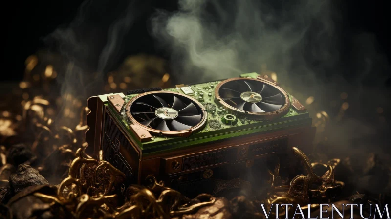 Computer Graphics Card 3D Rendering - Green & Gold with Fans AI Image