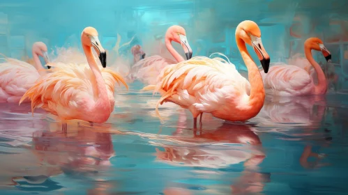 Graceful Pink Flamingos in Serene Blue Lake