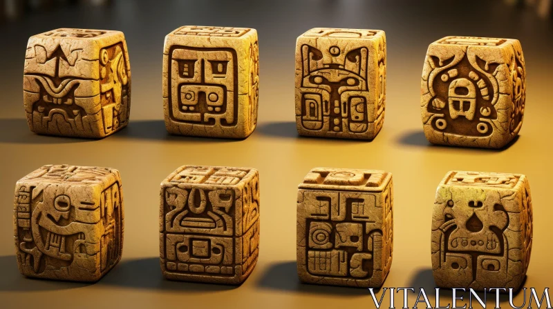 Intriguing Stone Cubes with Symbolic Carvings AI Image