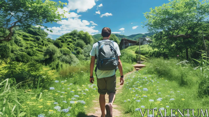 Man Walking in Green Meadow - Nature Landscape AI Image