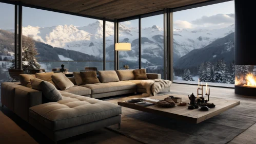 Modern Living Room with Snowy Mountain View