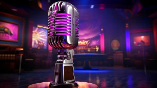 Silver Retro Microphone with Purple Neon Light in Dark Nightclub