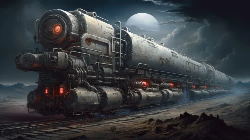 Steampunk Train in Desert Night - Digital Painting