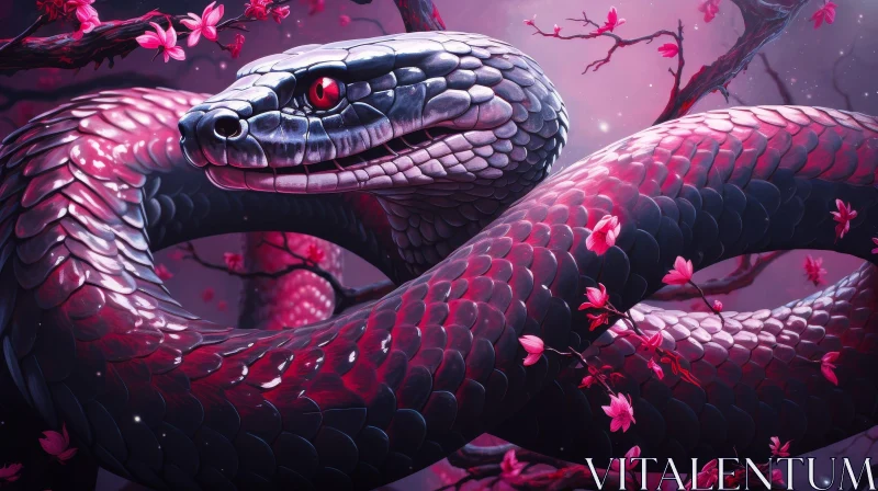 Surreal Digital Painting of Snake and Cherry Blossom Tree AI Image