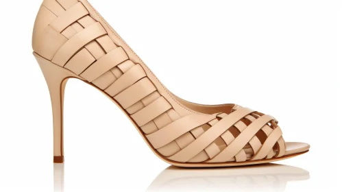 Beige Woven Leather High-Heeled Shoes on Reflective Surface