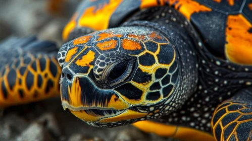 Close-Up Sea Turtle with Yellow Black Shell