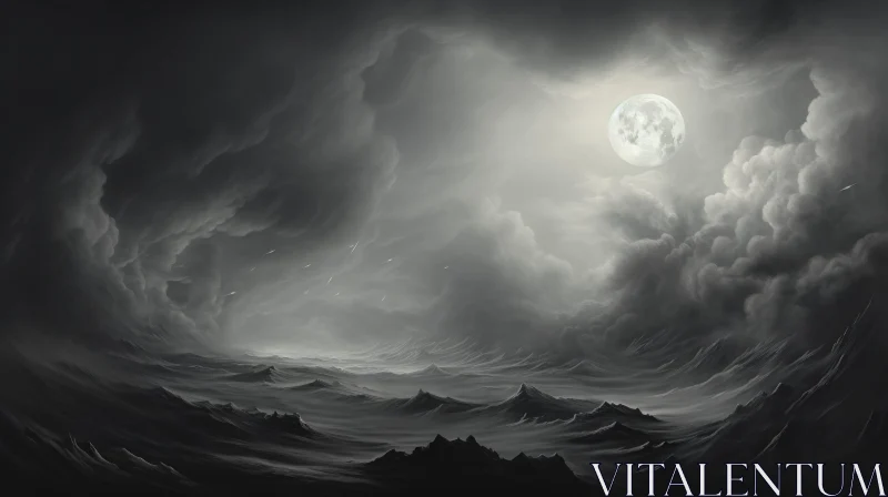 Full Moon Rising over Stormy Sea - Dramatic Nature Image AI Image