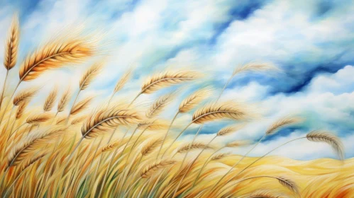 Golden Wheat Field Painting with Blue Sky