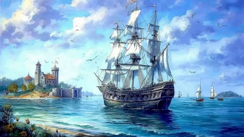 Large Sailing Ship at Sea Painting