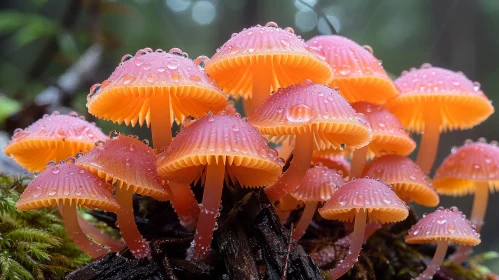 Pink and Orange Mushrooms with Water Droplets in Forest