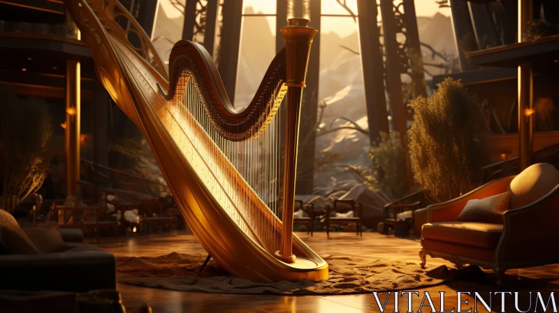 Serene Harp Music in Classical Room AI Image