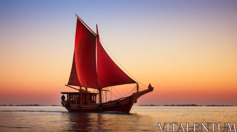 Traditional Wooden Dhow Sailing on Calm Sea at Sunset AI Image