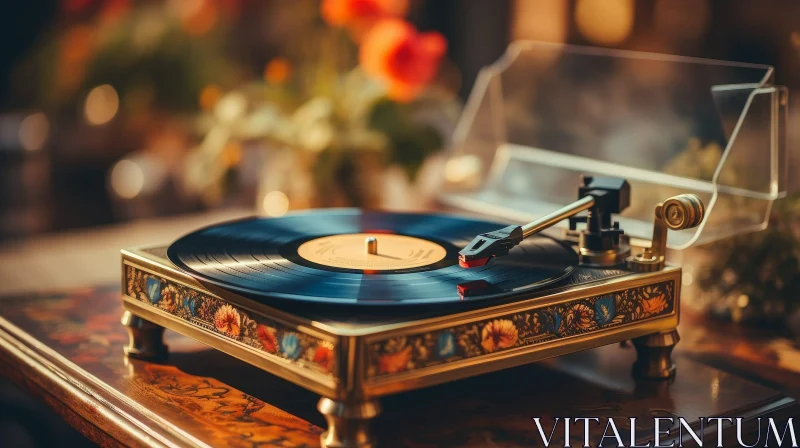 AI ART Vintage Record Player with Floral Design