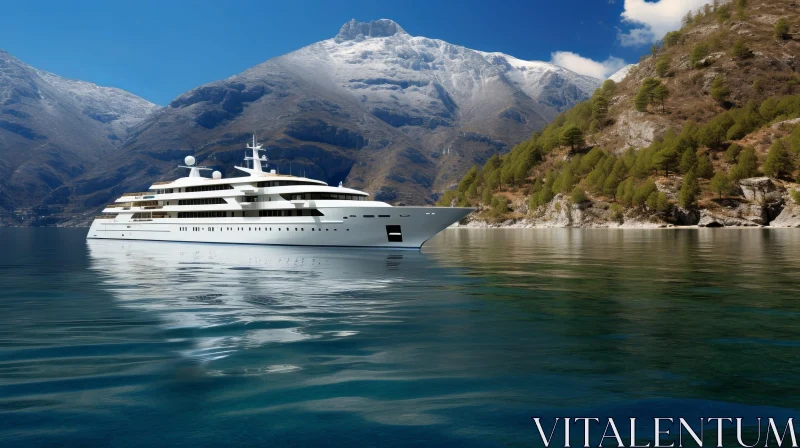 AI ART White Yacht on Tranquil Sea with Mountain Backdrop