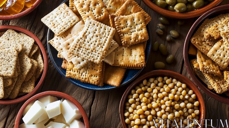 Wooden Table Snacks: Crackers, Olives, Chickpeas, Cheese Cubes AI Image