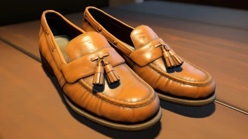 Brown Leather Loafers with Tassels on Wooden Surface