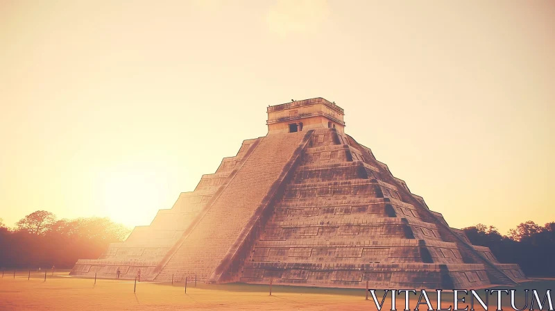 Chichen Itza Pyramid in Mexico: Warm Sunlight and Lush Vegetation AI Image