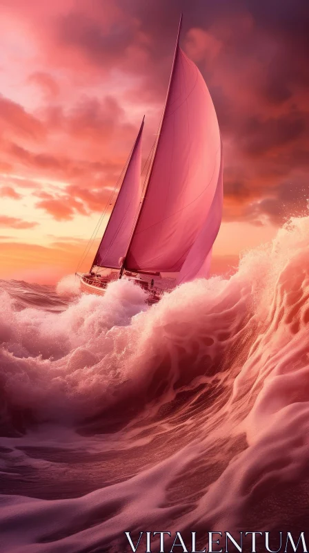 Sailboat Painting on Rough Seas at Sunset AI Image