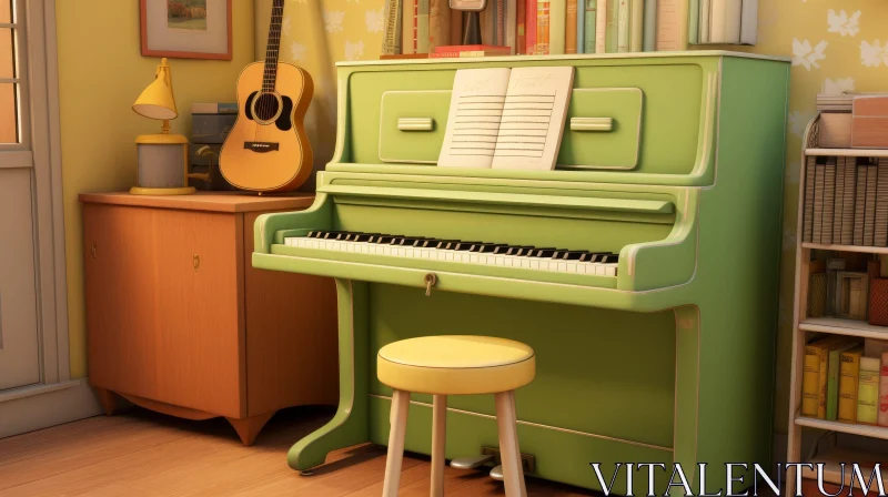 AI ART Vintage Room with Green Piano and Guitar