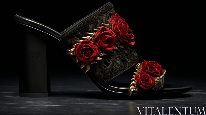 AI ART Black High-Heeled Mule with Red Roses - 3D Rendering