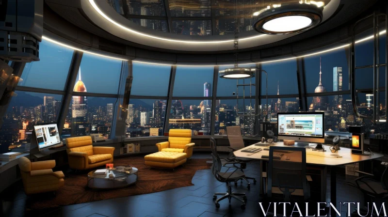 Futuristic Office Interior with Panoramic City View AI Image