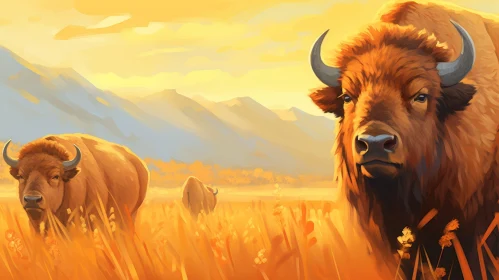 Majestic Bison Painting in Grass Field