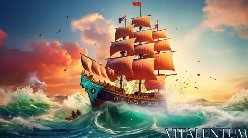 Pirate Ship Sailing on Rough Sea - Digital Painting AI Image