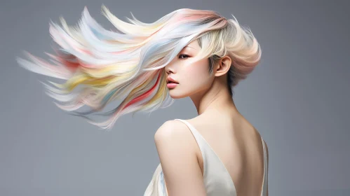 Stylish Woman with Colorful Hairstyle in Elegant Dress