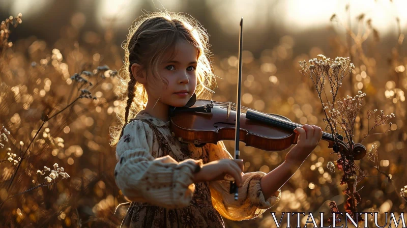 Sunset Serenade: Young Girl Playing Violin in Field AI Image
