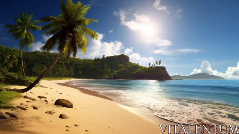AI ART Tranquil Beach Paradise with Palm Trees and Clear Water