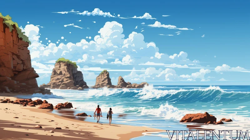 Tranquil Beach Scene with Couple Walking AI Image