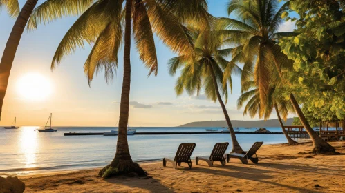 Tranquil Beach Scene with Lounge Chairs and Palm Trees