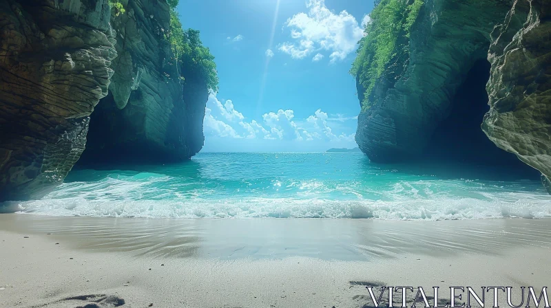 Tranquil Beach Scene with Rocky Cliffs and Blue Waters AI Image